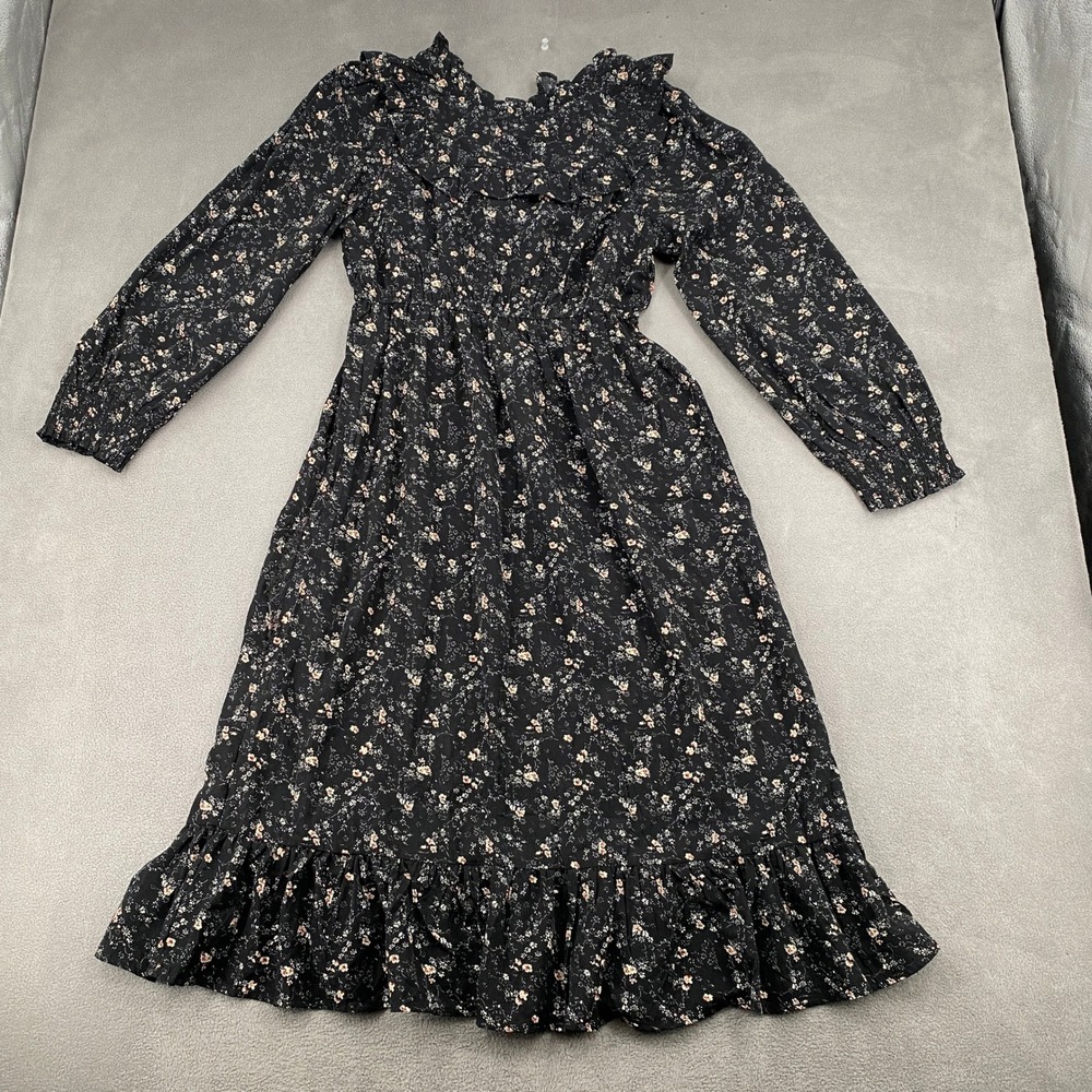 Downeast Black Floral Ruffle Midi Dress Long Sleeve Smocked Waist Large